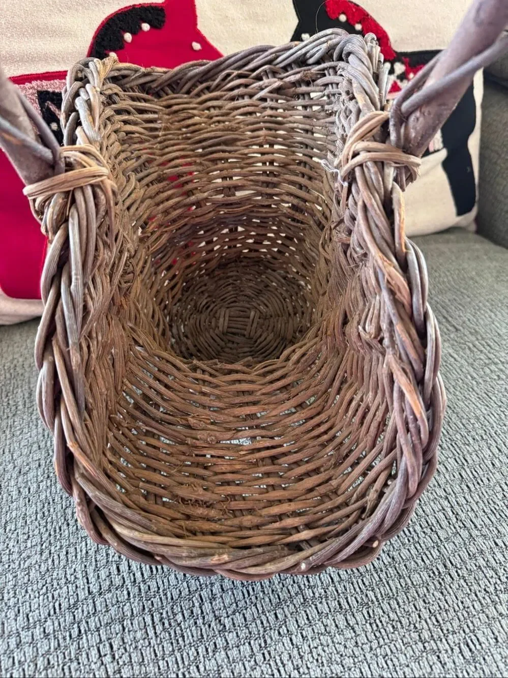 Woven hand basket with handle dark brown small size wooden feel cottage flared 9